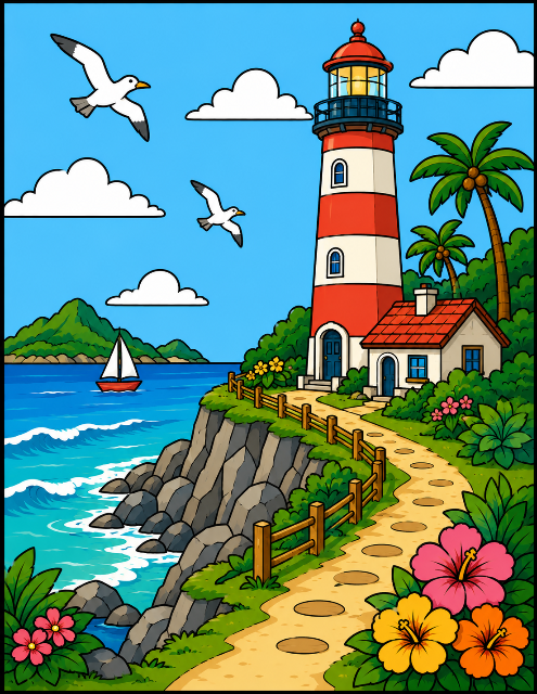 Coastal lighthouse with tropical greenery color by number