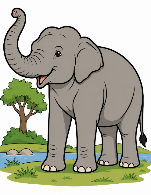 Friendly elephant by the water color by number