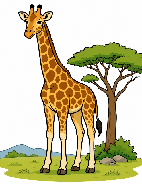 Friendly giraffe in a savanna landscape color by number