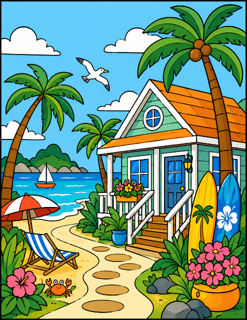Tropical beach cottage getaway scene color by number