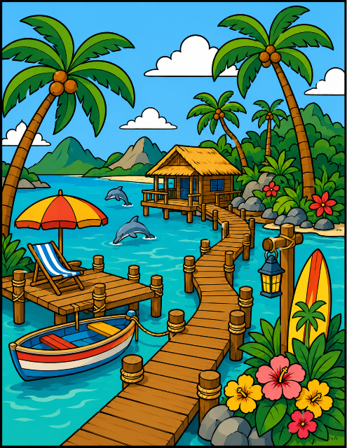 Tropical island paradise by the dock color by number